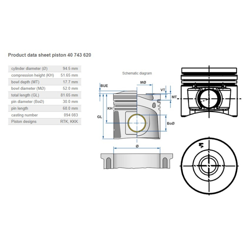 40 743 620 Piston 2011C 94,50mm K2-B12